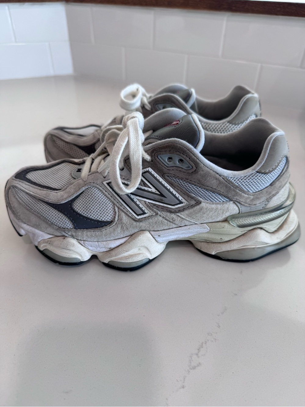 New Balance Women's Grey and White Mesh Suede Sneakers